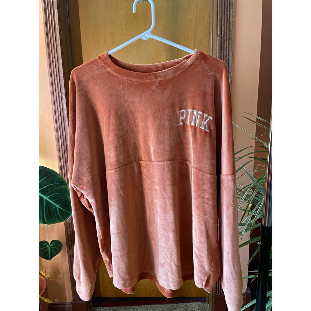 PINK Women's Orange Crewneck Sweatshirt velvet embroidered Long Sleeve L